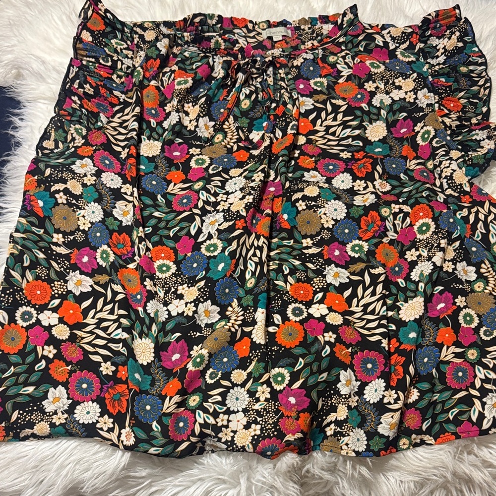 Chenault Black Floral Ruffle-Waist Skater Skirt - Pink, Orange, Blue, Cream